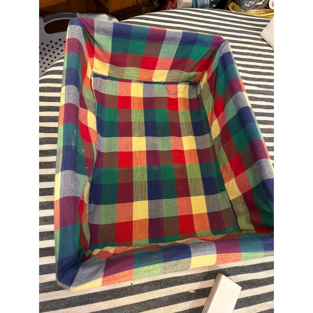 Vintage Style Wicker Storage Basket Multicolor Plaid Fabric Liner Rectangular